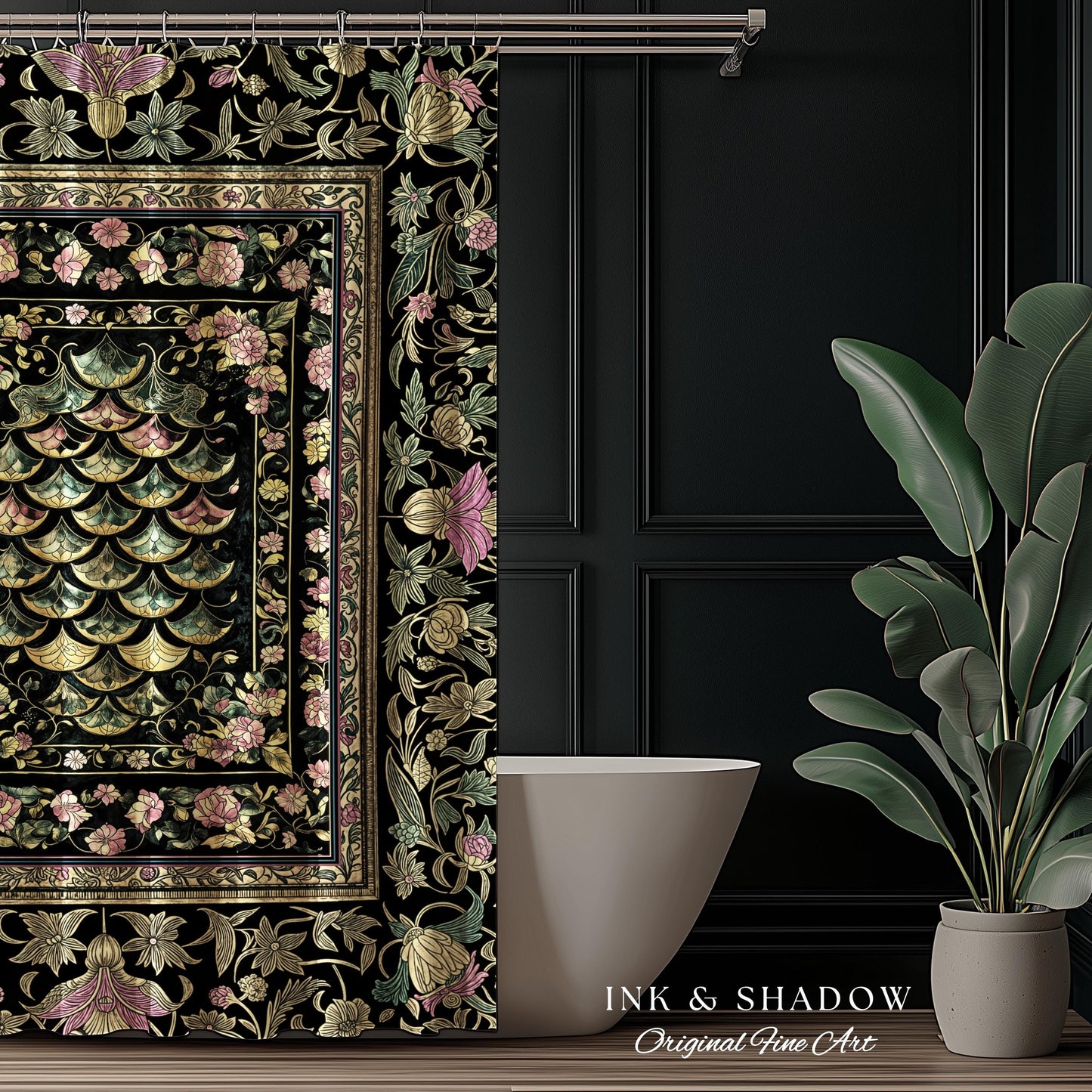 Witchy Mystic Dragon Scale Shower Curtain | Gothic Baroque Dark Academia Pastel Floral Bathroom Maximalist Ornate Eclectic Art Deco Decor |