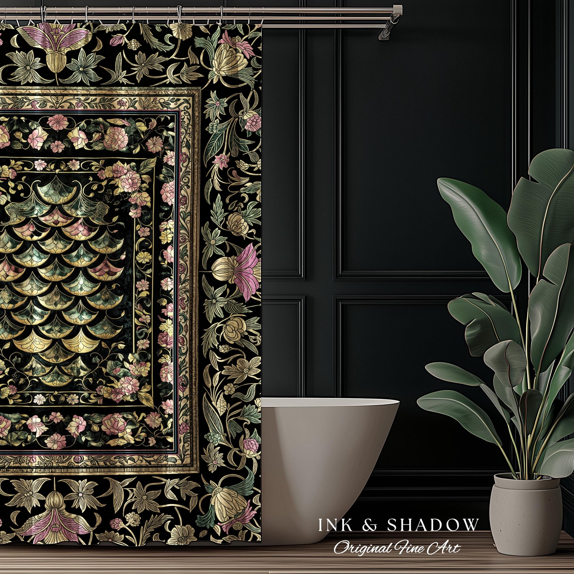 Witchy Mystic Dragon Scale Shower Curtain | Gothic Baroque Dark Academia Pastel Floral Bathroom Maximalist Ornate Eclectic Art Deco Decor |