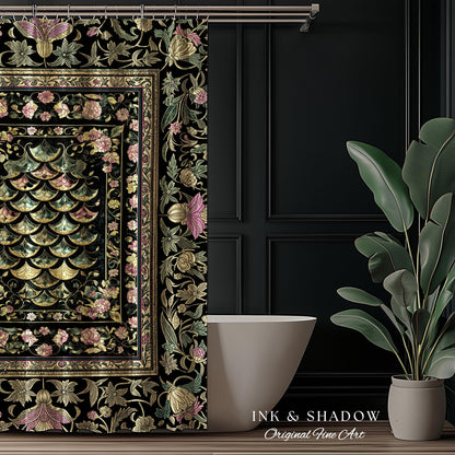 Witchy Mystic Dragon Scale Shower Curtain | Gothic Baroque Dark Academia Pastel Floral Bathroom Maximalist Ornate Eclectic Art Deco Decor |
