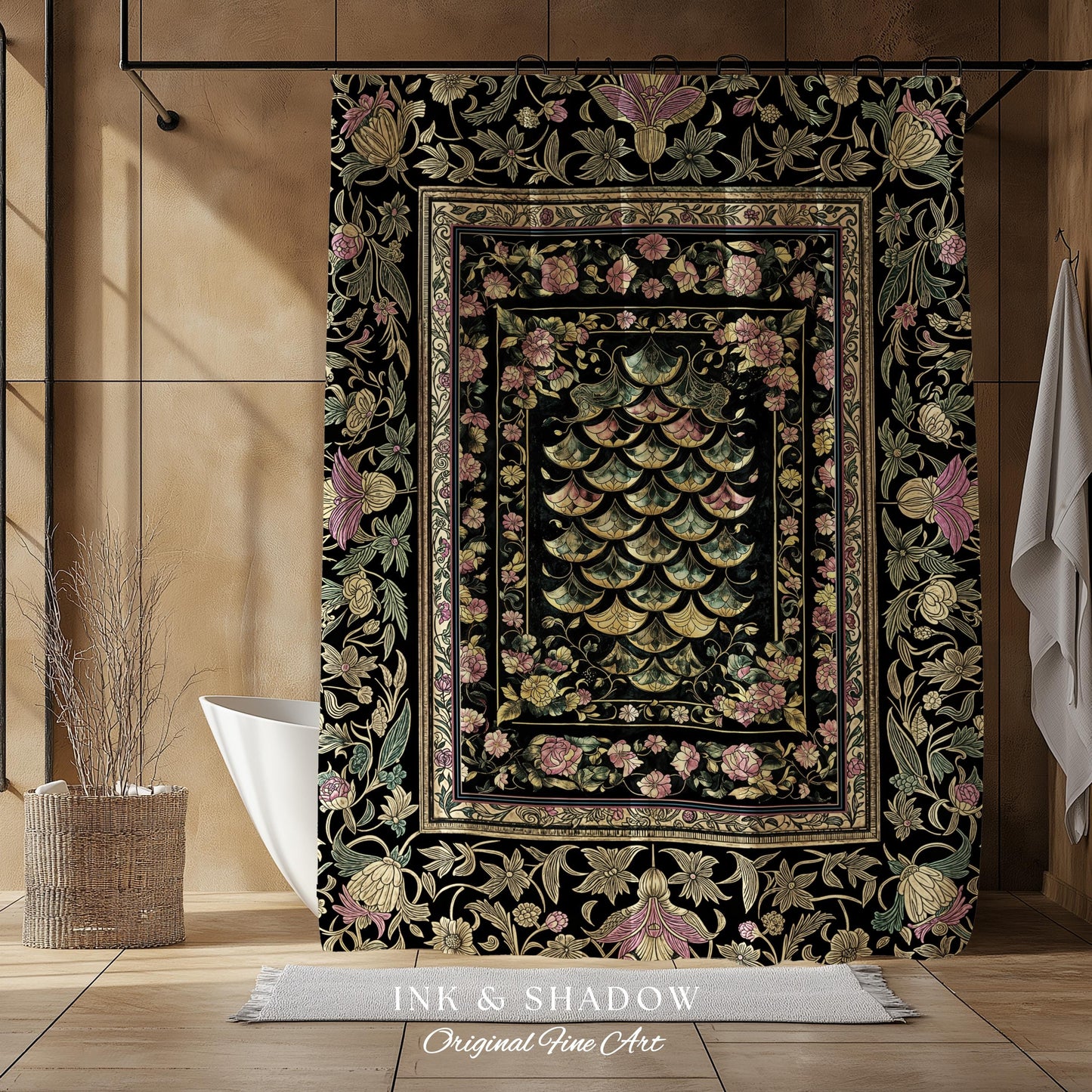 Witchy Mystic Dragon Scale Shower Curtain | Gothic Baroque Dark Academia Pastel Floral Bathroom Maximalist Ornate Eclectic Art Deco Decor |