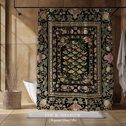 Witchy Mystic Dragon Scale Shower Curtain | Gothic Baroque Dark Academia Pastel Floral Bathroom Maximalist Ornate Eclectic Art Deco Decor |