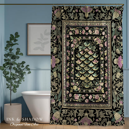 Witchy Mystic Dragon Scale Shower Curtain | Gothic Baroque Dark Academia Pastel Floral Bathroom Maximalist Ornate Eclectic Art Deco Decor |