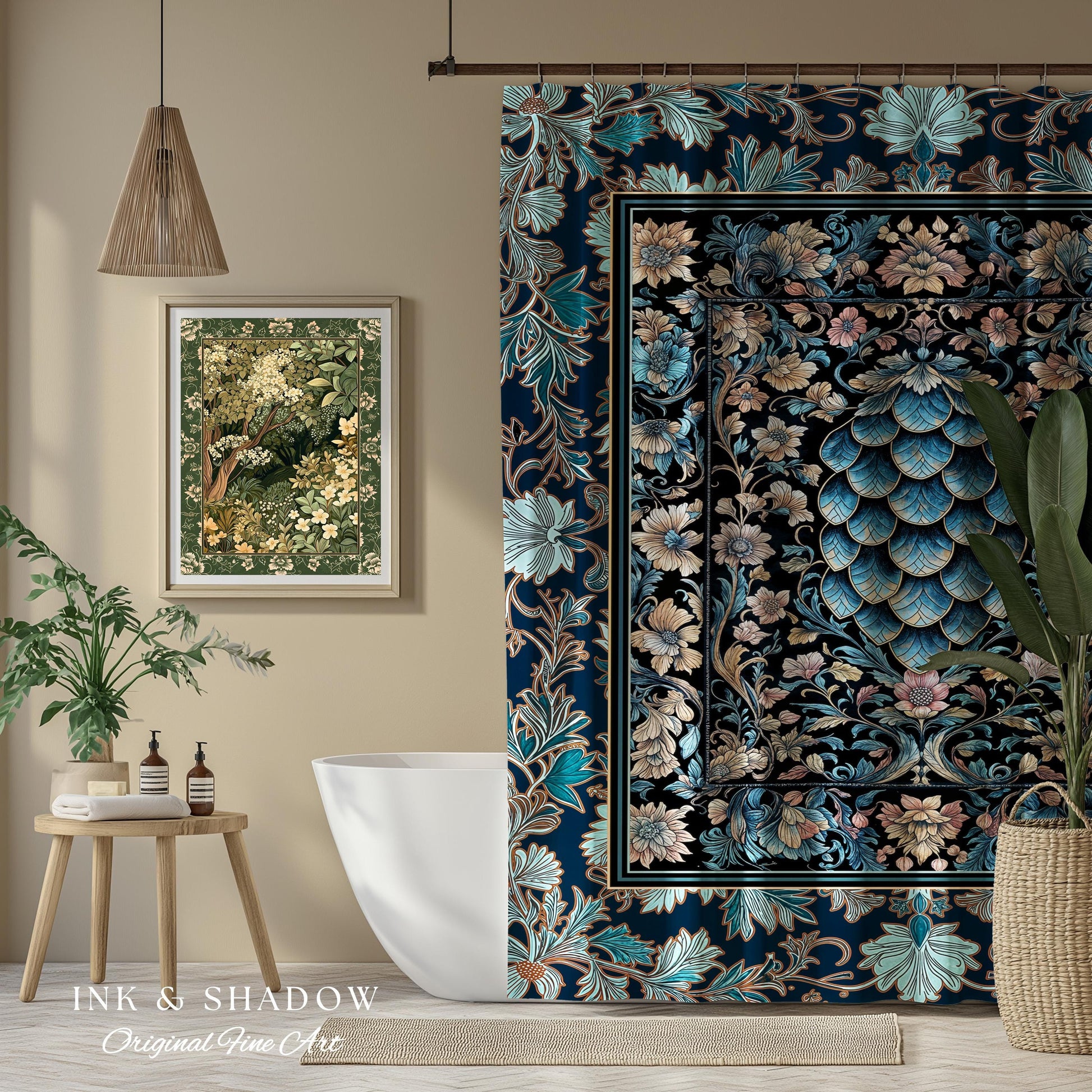 Indigo Magic Royal Shower Curtain | Dark Academia Accent Colorful Botanical Bathroom Elegant Ornate Dragon Scale Fairytale Medieval Style |