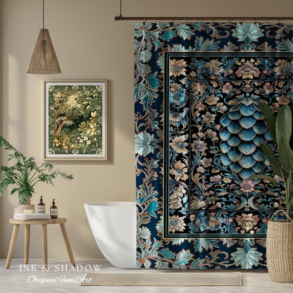 Indigo Magic Royal Shower Curtain | Dark Academia Accent Colorful Botanical Bathroom Elegant Ornate Dragon Scale Fairytale Medieval Style |