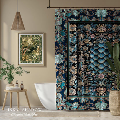 Indigo Magic Royal Shower Curtain | Dark Academia Accent Colorful Botanical Bathroom Elegant Ornate Dragon Scale Fairytale Medieval Style |