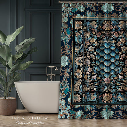 Indigo Magic Royal Shower Curtain | Dark Academia Accent Colorful Botanical Bathroom Elegant Ornate Dragon Scale Fairytale Medieval Style |