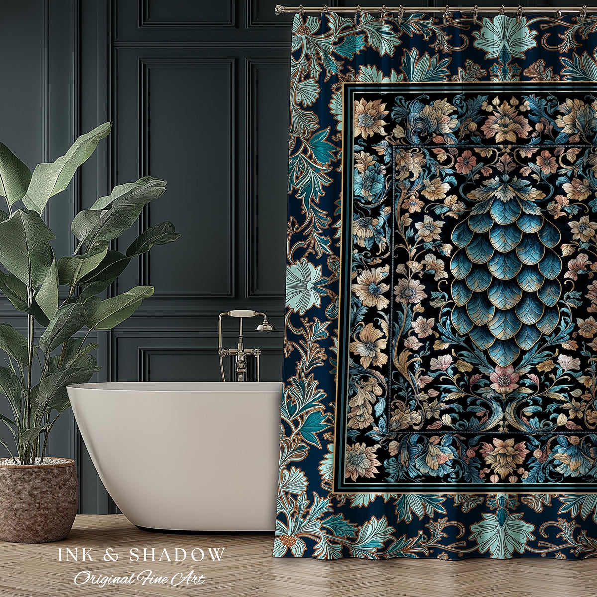 Indigo Magic Royal Shower Curtain | Dark Academia Accent Colorful Botanical Bathroom Elegant Ornate Dragon Scale Fairytale Medieval Style |