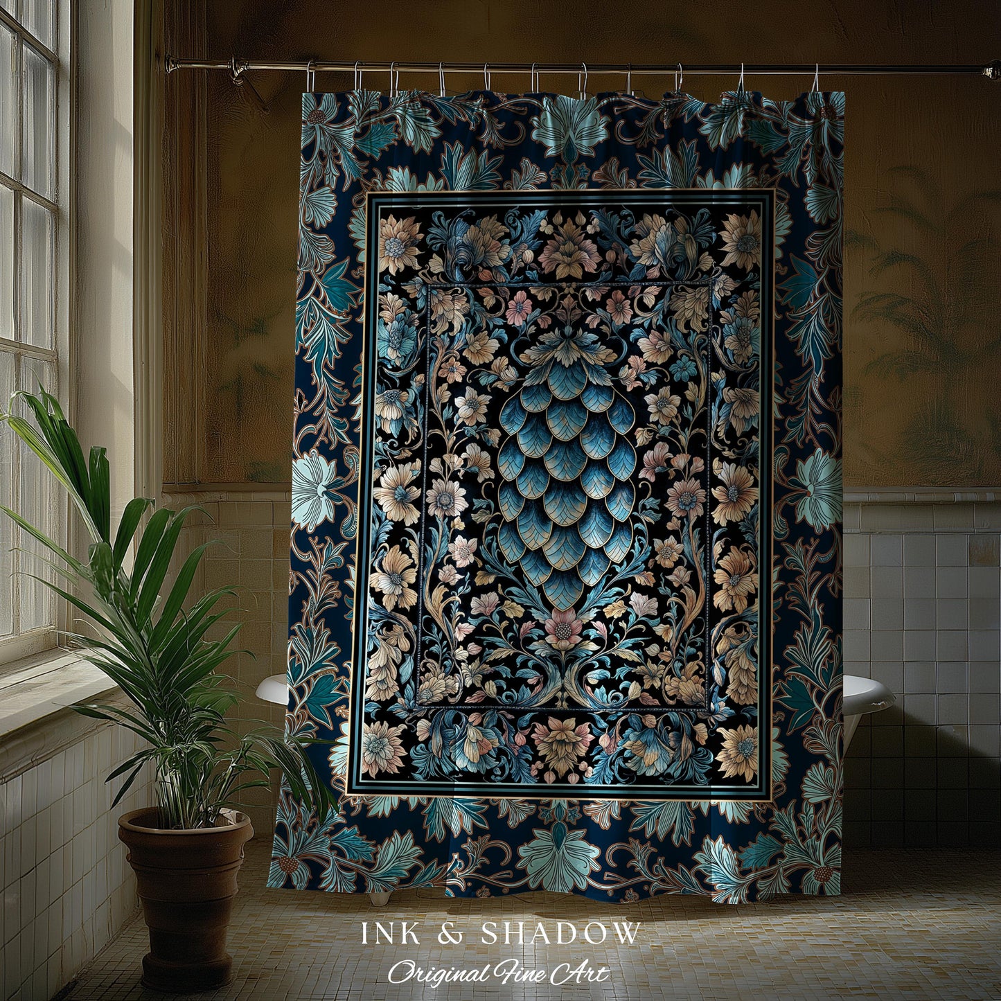 Indigo Magic Royal Shower Curtain | Dark Academia Accent Colorful Botanical Bathroom Elegant Ornate Dragon Scale Fairytale Medieval Style |