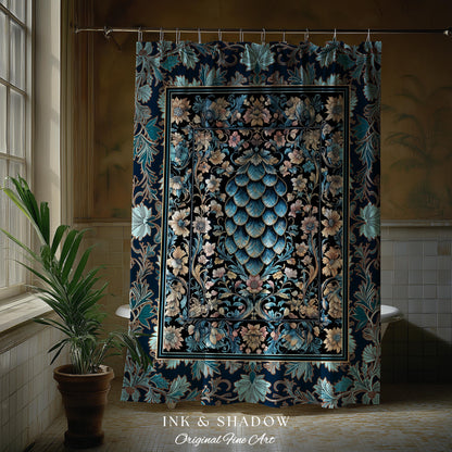 Indigo Magic Royal Shower Curtain | Dark Academia Accent Colorful Botanical Bathroom Elegant Ornate Dragon Scale Fairytale Medieval Style |