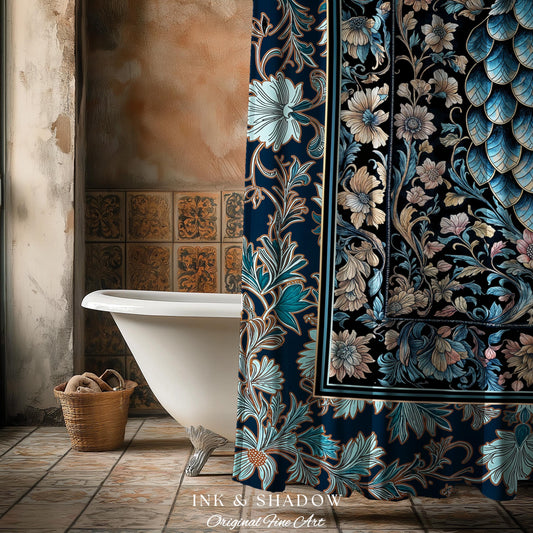 Indigo Magic Royal Shower Curtain | Dark Academia Accent Colorful Botanical Bathroom Elegant Ornate Dragon Scale Fairytale Medieval Style |