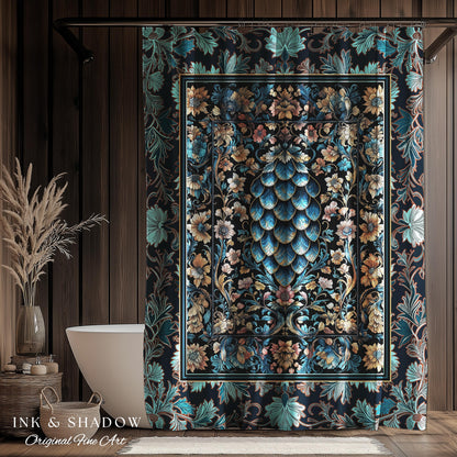 Indigo Magic Royal Shower Curtain | Dark Academia Accent Colorful Botanical Bathroom Elegant Ornate Dragon Scale Fairytale Medieval Style |