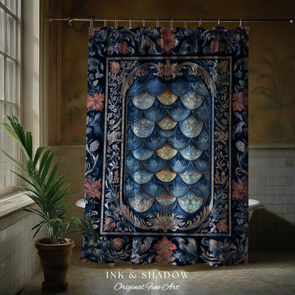 Rustic Medieval Dragon Shower Curtain | Mystic Fairytale Aesthetic Royal Dark Academia Bathroom Moody Botanical Elegance Fairycore Style |