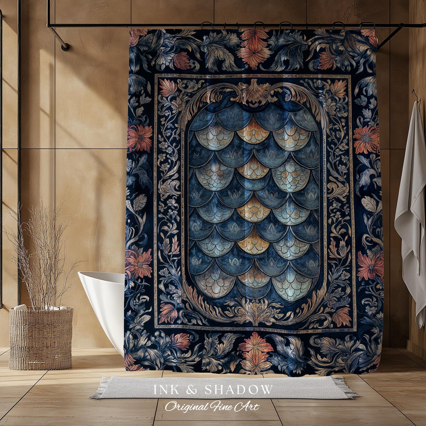 Rustic Medieval Dragon Shower Curtain | Mystic Fairytale Aesthetic Royal Dark Academia Bathroom Moody Botanical Elegance Fairycore Style |