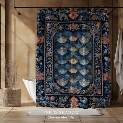 Rustic Medieval Dragon Shower Curtain | Mystic Fairytale Aesthetic Royal Dark Academia Bathroom Moody Botanical Elegance Fairycore Style |