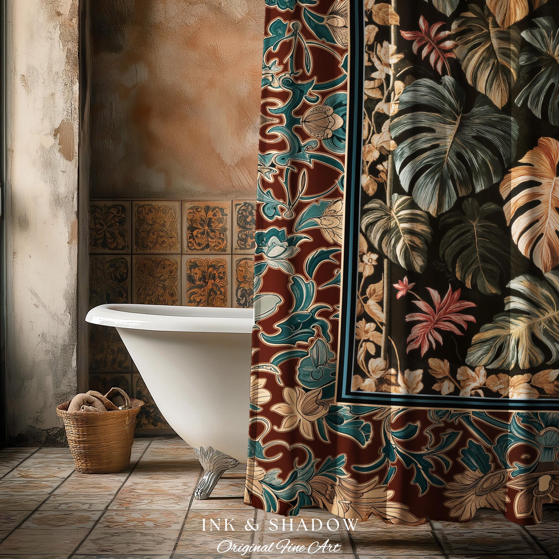 house plant shower curtain Moody Monstera Shower Curtain