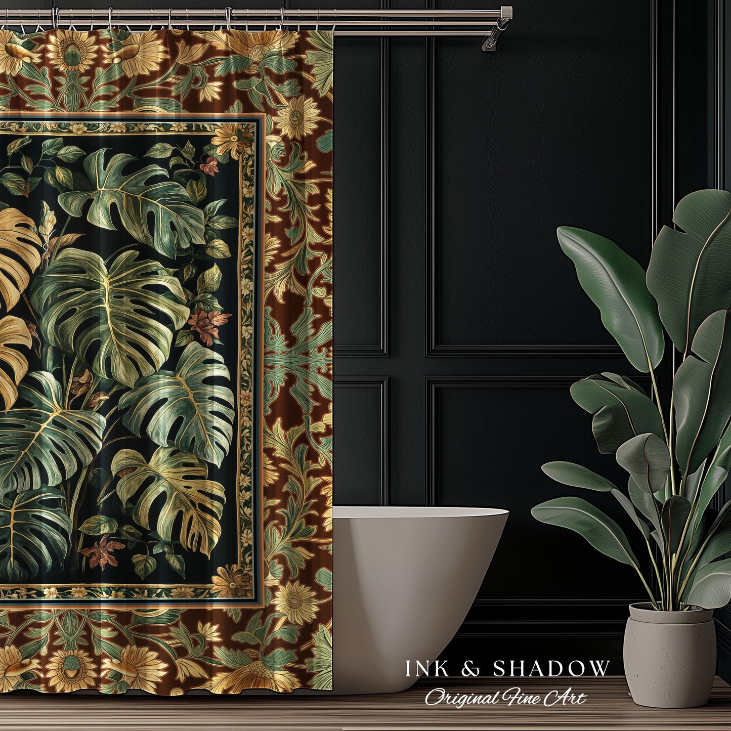 Witchy Forest Tropical Monstera Shower Curtain | Whimsical Houseplant Bathroom Decor Maximalist Dark Cottagecore Enchanting Witch Aesthetic