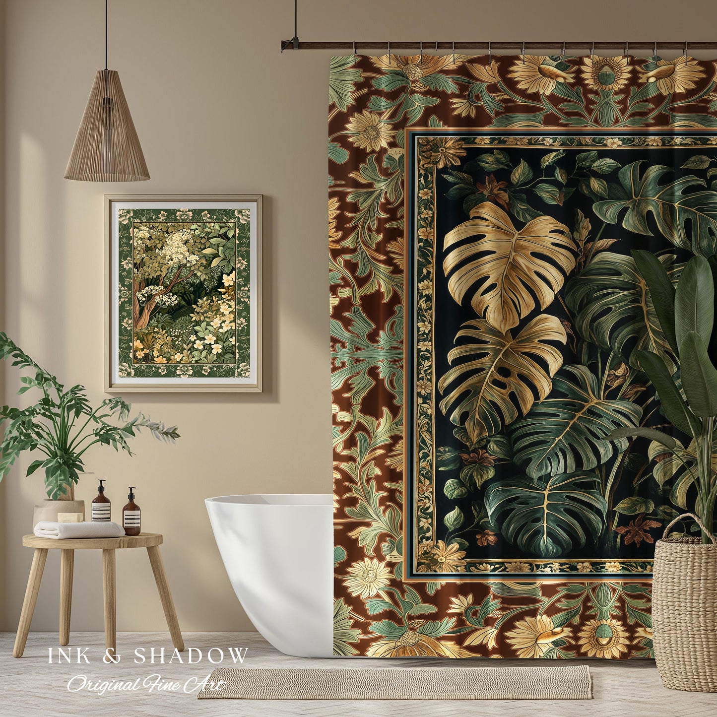Witchy Forest Tropical Monstera Shower Curtain | Whimsical Houseplant Bathroom Decor Maximalist Dark Cottagecore Enchanting Witch Aesthetic