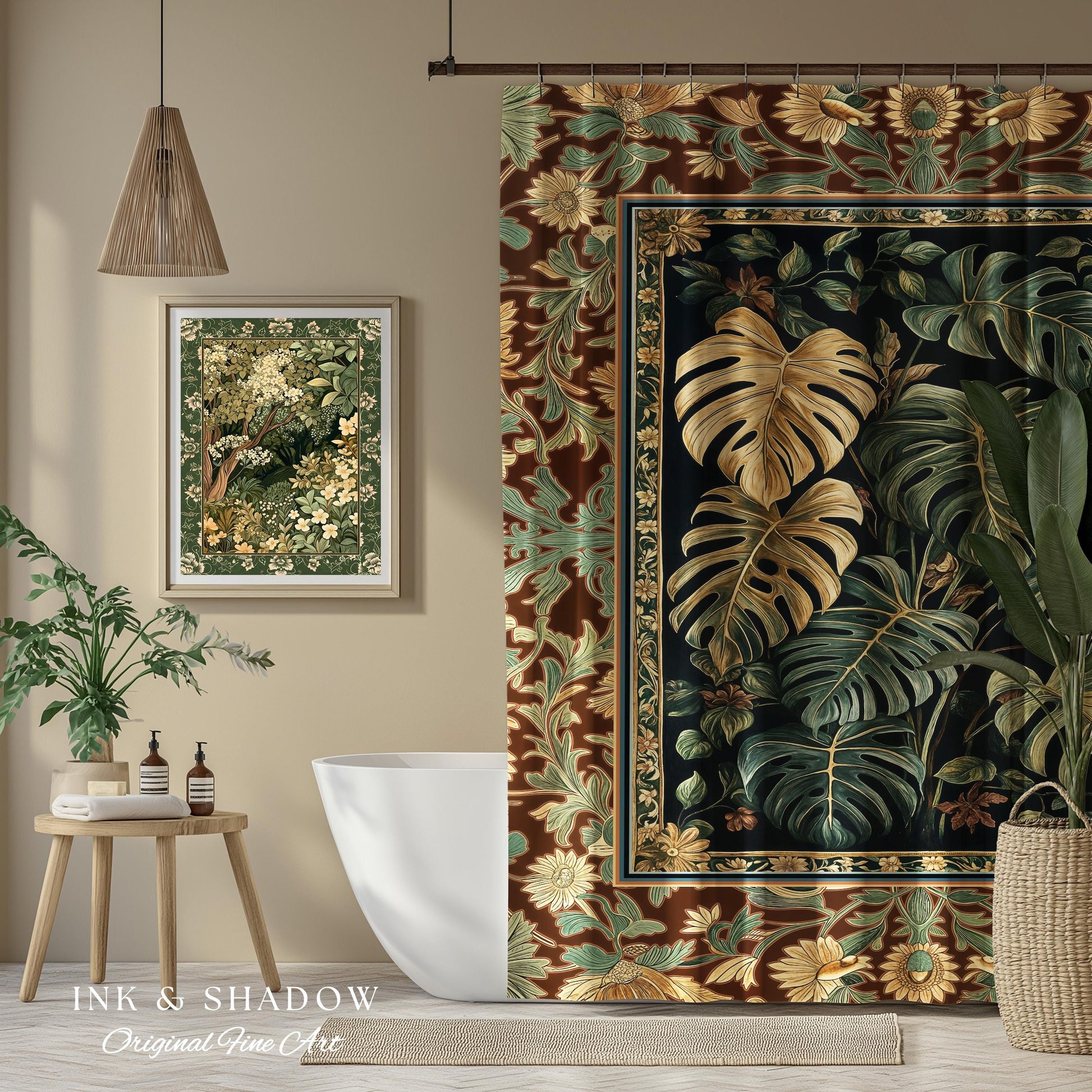 Witchy Forest Tropical Monstera Shower Curtain | Whimsical Houseplant Bathroom Decor Maximalist Dark Cottagecore Enchanting Witch Aesthetic