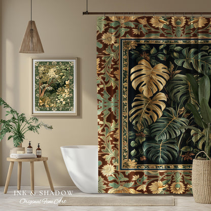 Witchy Forest Tropical Monstera Shower Curtain | Whimsical Houseplant Bathroom Decor Maximalist Dark Cottagecore Enchanting Witch Aesthetic