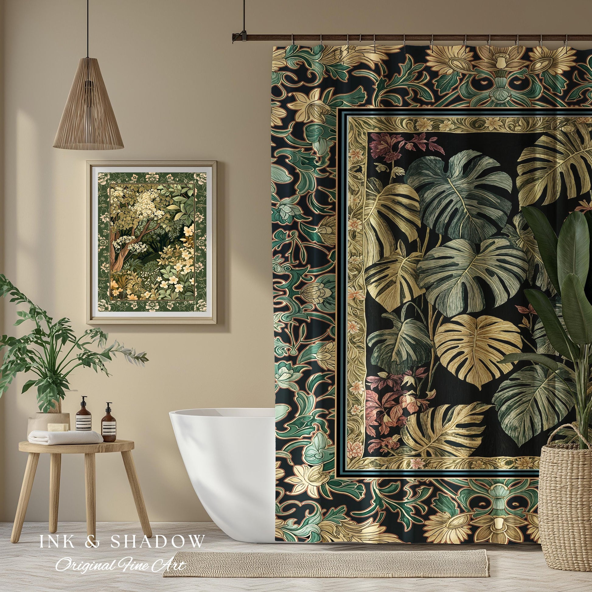 Monstera Forest Maximalist Botanical Shower Curtain | Dark Cottagecore Woodland Houseplant Bathroom Decor Whimsigothic Dark Academia Style |