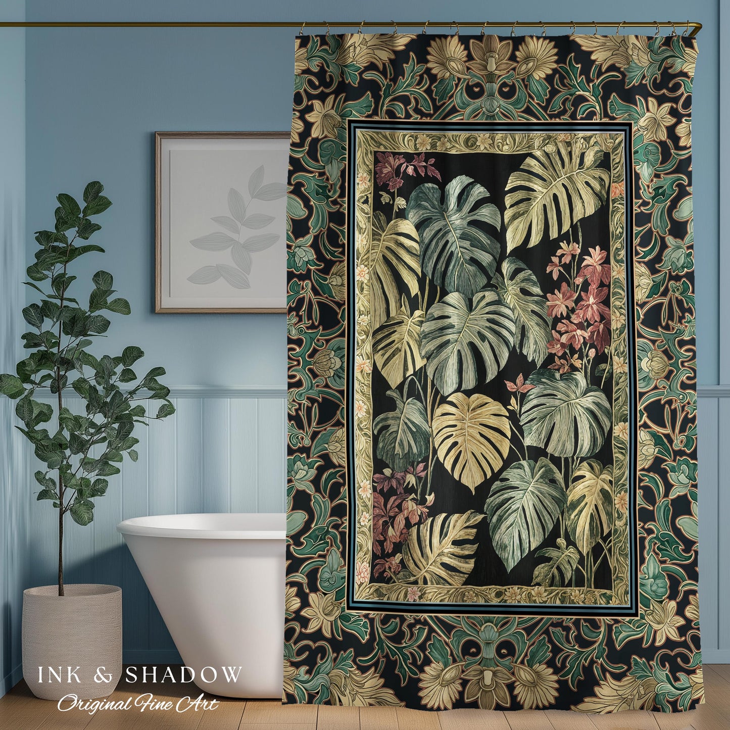 Monstera Forest Maximalist Botanical Shower Curtain | Dark Cottagecore Woodland Houseplant Bathroom Decor Whimsigothic Dark Academia Style |