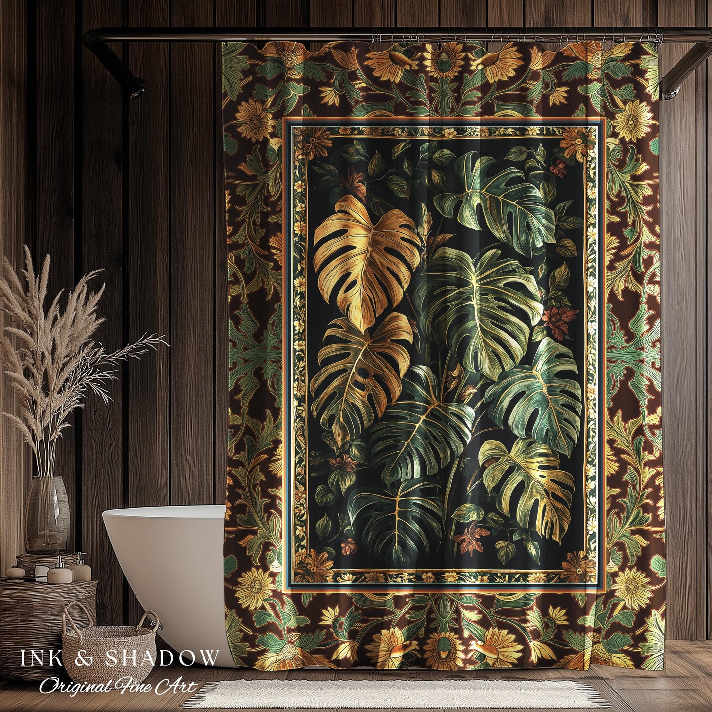 Witchy Forest Tropical Monstera Shower Curtain | Whimsical Houseplant Bathroom Decor Maximalist Dark Cottagecore Enchanting Witch Aesthetic