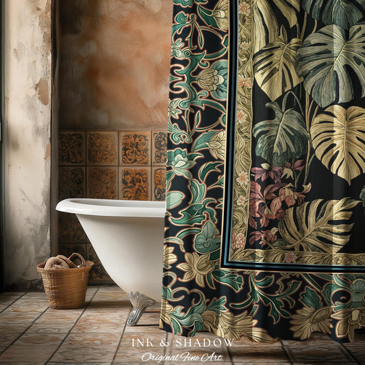 Monstera Forest Maximalist Botanical Shower Curtain | Dark Cottagecore Woodland Houseplant Bathroom Decor Whimsigothic Dark Academia Style |