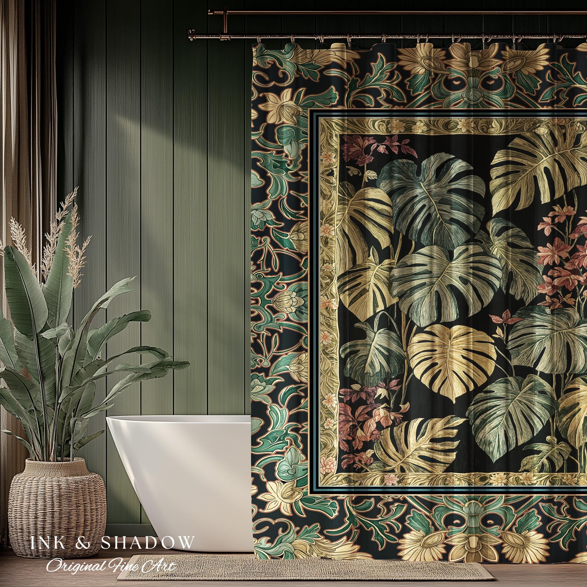 Monstera Forest Maximalist Botanical Shower Curtain | Dark Cottagecore Woodland Houseplant Bathroom Decor Whimsigothic Dark Academia Style |