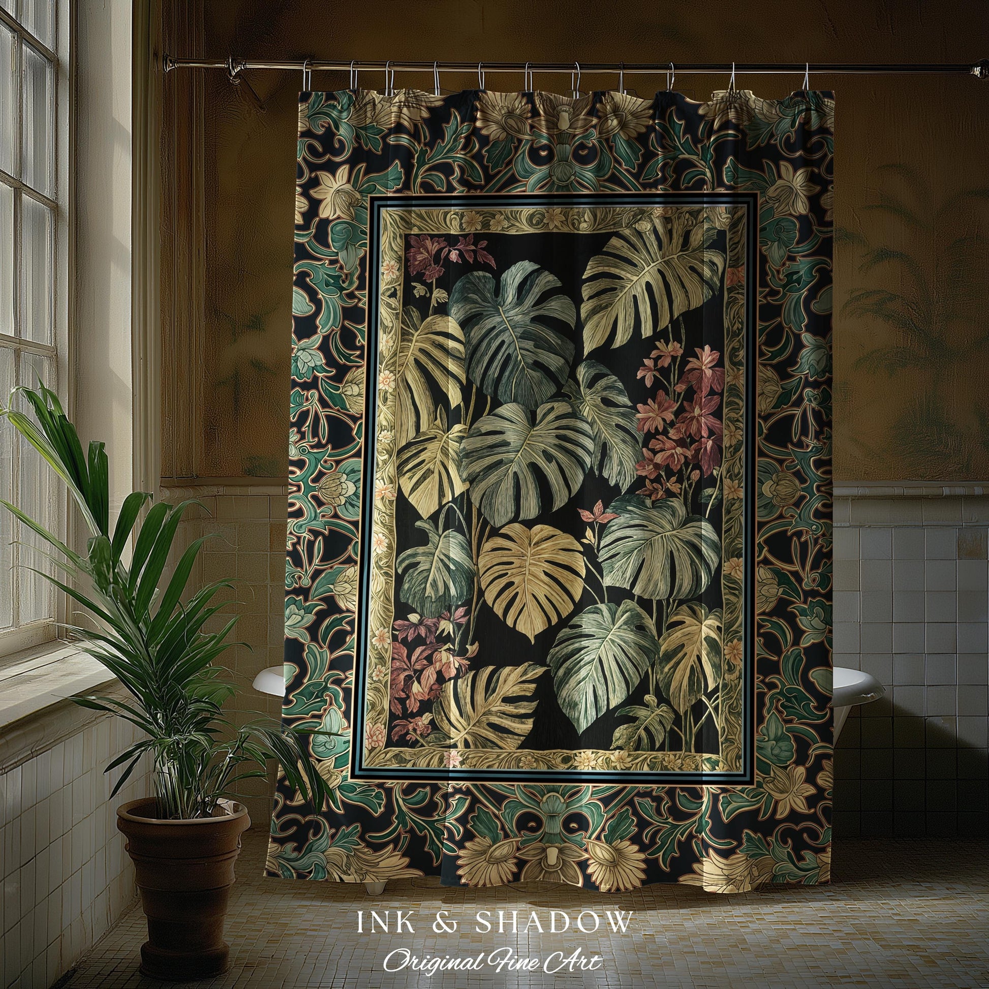 Monstera Forest Maximalist Botanical Shower Curtain | Dark Cottagecore Woodland Houseplant Bathroom Decor Whimsigothic Dark Academia Style |