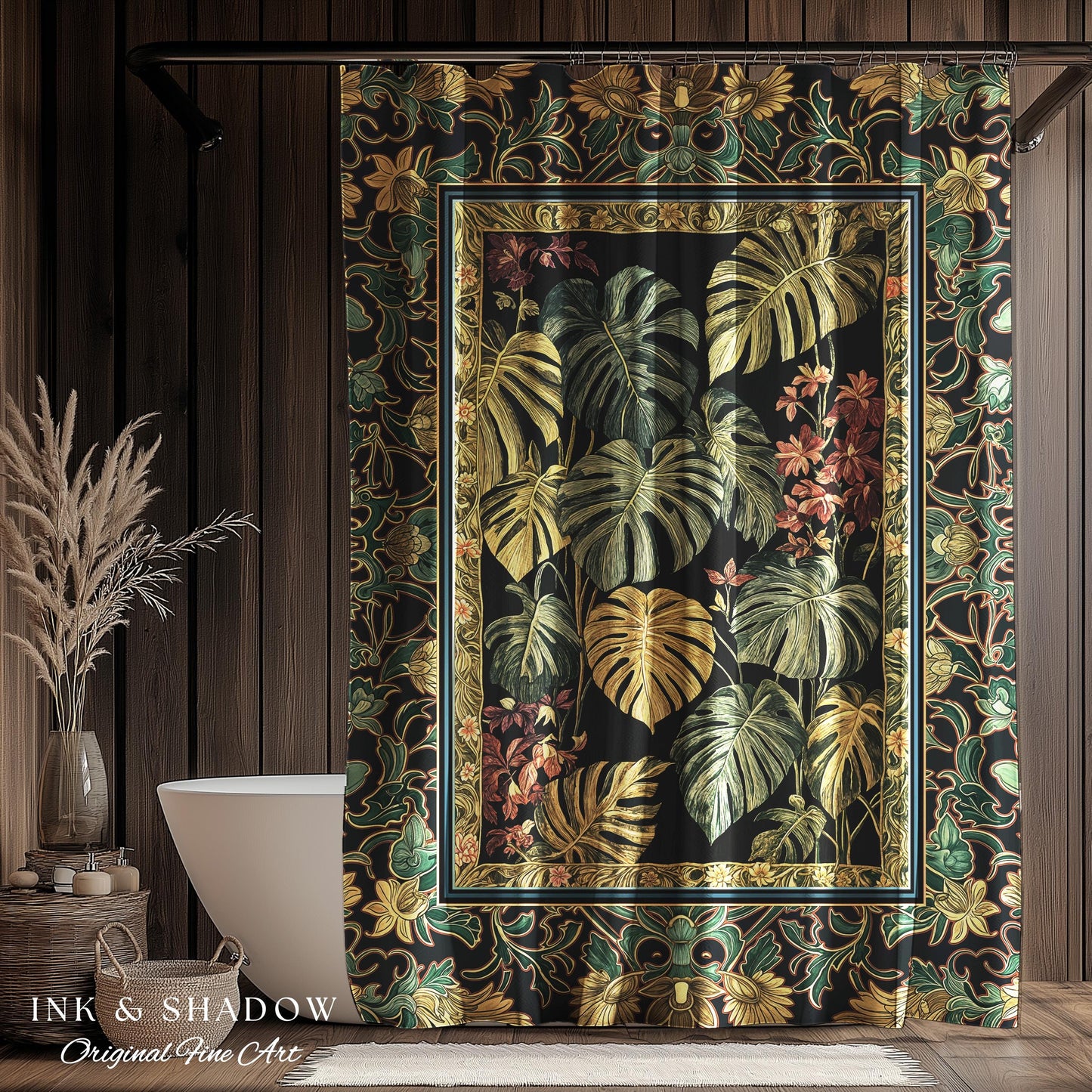 Monstera Forest Maximalist Botanical Shower Curtain | Dark Cottagecore Woodland Houseplant Bathroom Decor Whimsigothic Dark Academia Style |