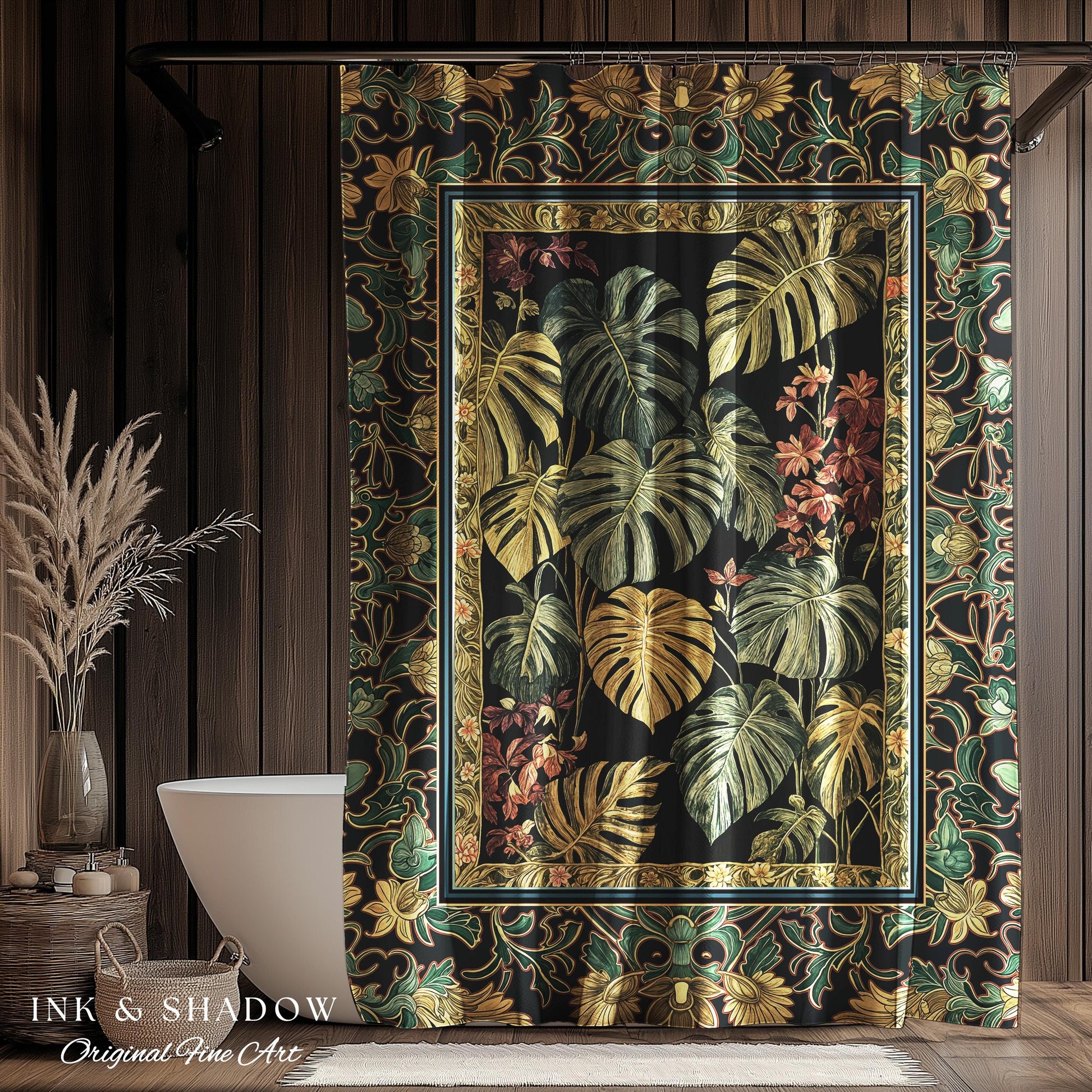 Monstera Forest Maximalist Botanical Shower Curtain | Dark Cottagecore Woodland Houseplant Bathroom Decor Whimsigothic Dark Academia Style |