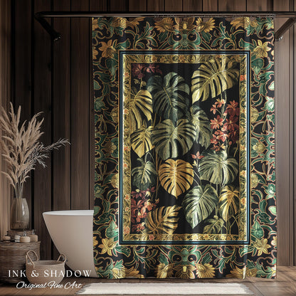 Monstera Forest Maximalist Botanical Shower Curtain | Dark Cottagecore Woodland Houseplant Bathroom Decor Whimsigothic Dark Academia Style |