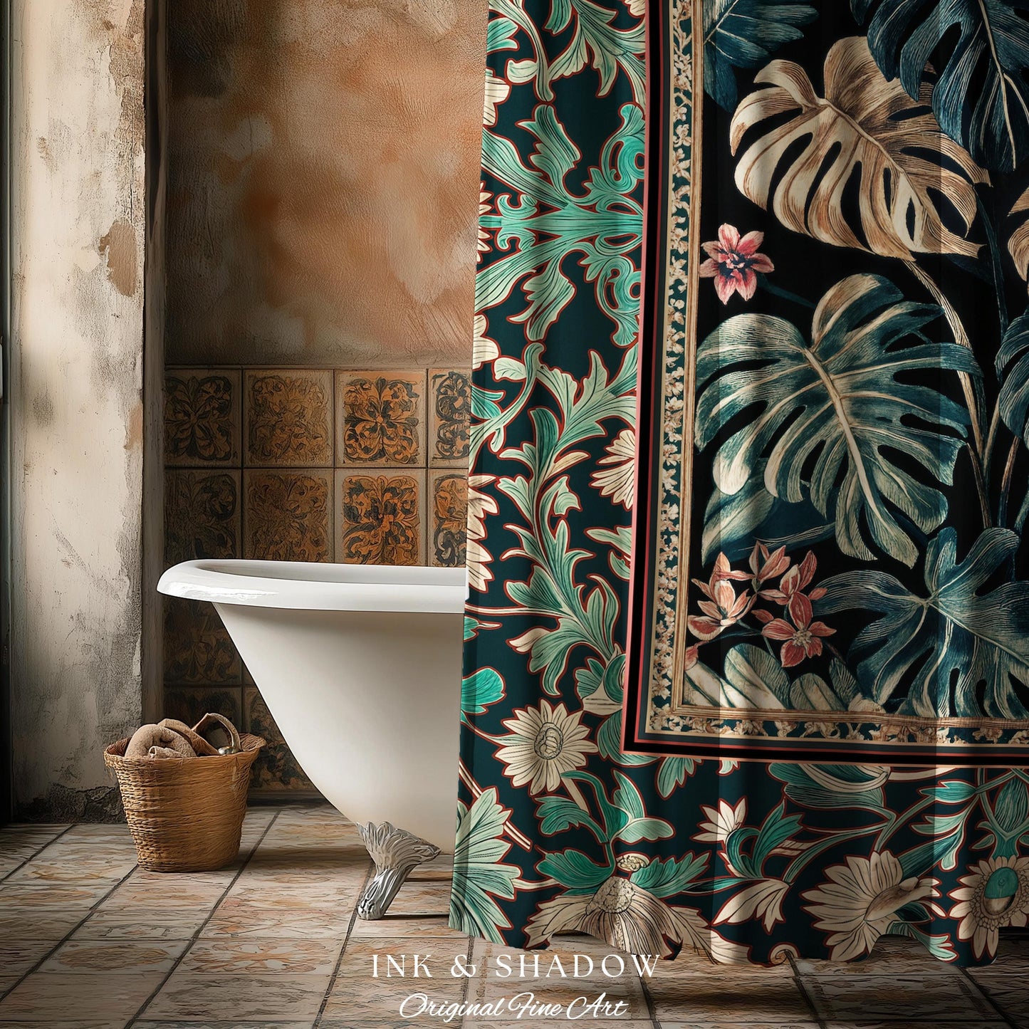 Dark Forest Whimsical Woodland Shower Curtain | Houseplant Bathroom Decor Baroque Aesthetic Dark Academia Accent Fairycore Ethereal Style |