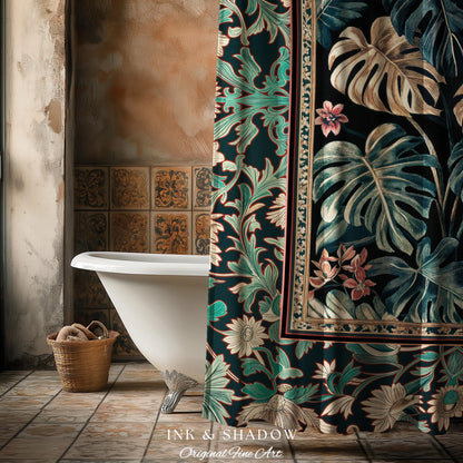 Dark Forest Whimsical Woodland Shower Curtain | Houseplant Bathroom Decor Baroque Aesthetic Dark Academia Accent Fairycore Ethereal Style |