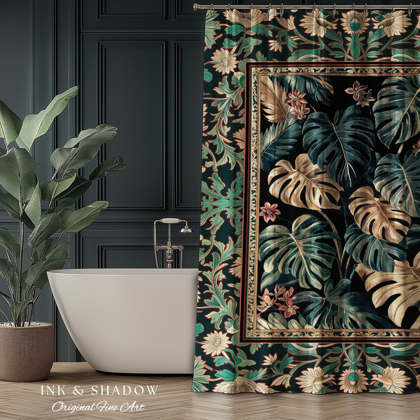 Dark Forest Whimsical Woodland Shower Curtain | Houseplant Bathroom Decor Baroque Aesthetic Dark Academia Accent Fairycore Ethereal Style |