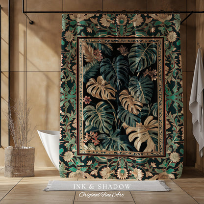 Dark Forest Whimsical Woodland Shower Curtain | Houseplant Bathroom Decor Baroque Aesthetic Dark Academia Accent Fairycore Ethereal Style |
