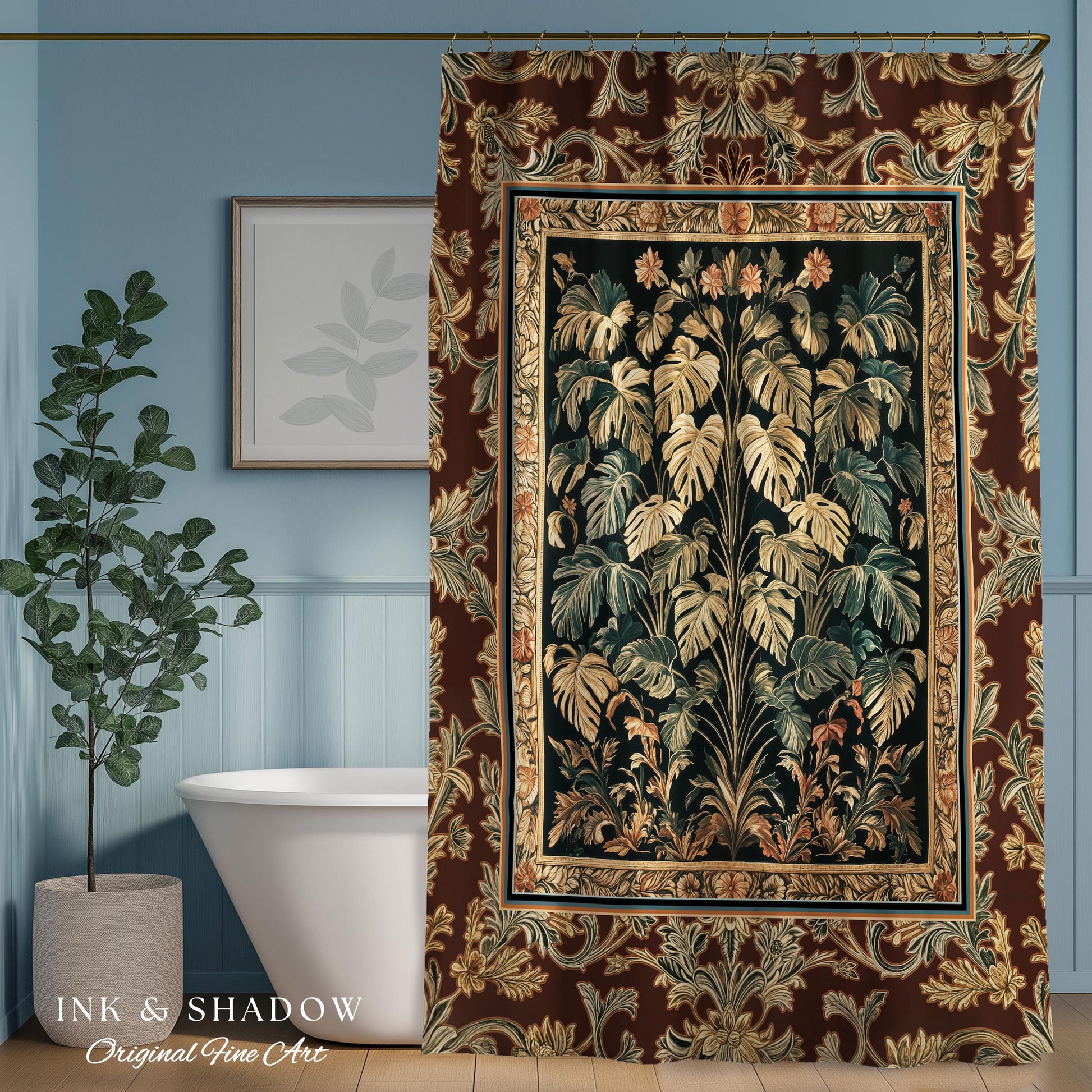 Rustic Renaissance Aesthetic Monstera Jungle Shower Curtain | Dark Cottagecore Whimsy Woodland Bathroom Emerald Green Romantic Maximalist |