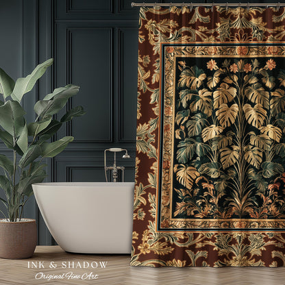 Rustic Renaissance Aesthetic Monstera Jungle Shower Curtain | Dark Cottagecore Whimsy Woodland Bathroom Emerald Green Romantic Maximalist |