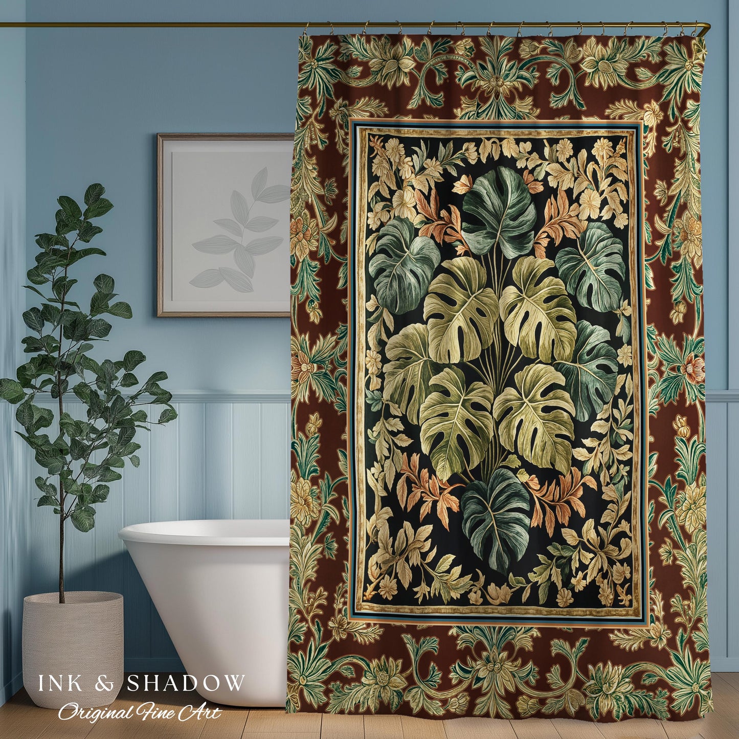 Elegant Tropical Forest Shower Curtain | Woodland Whimsy Botanical Bathroom Emerald Green Romantic Home Decor Tropical Eclectic Aesthetic |