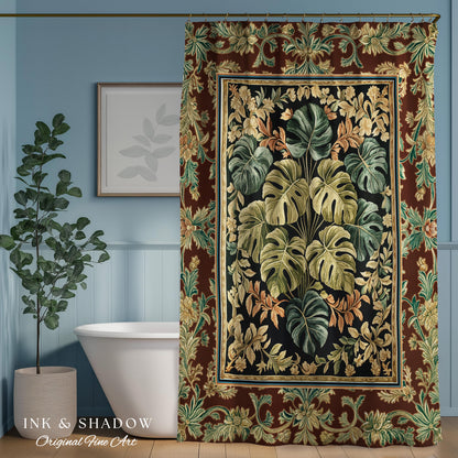 Elegant Tropical Forest Shower Curtain | Woodland Whimsy Botanical Bathroom Emerald Green Romantic Home Decor Tropical Eclectic Aesthetic |