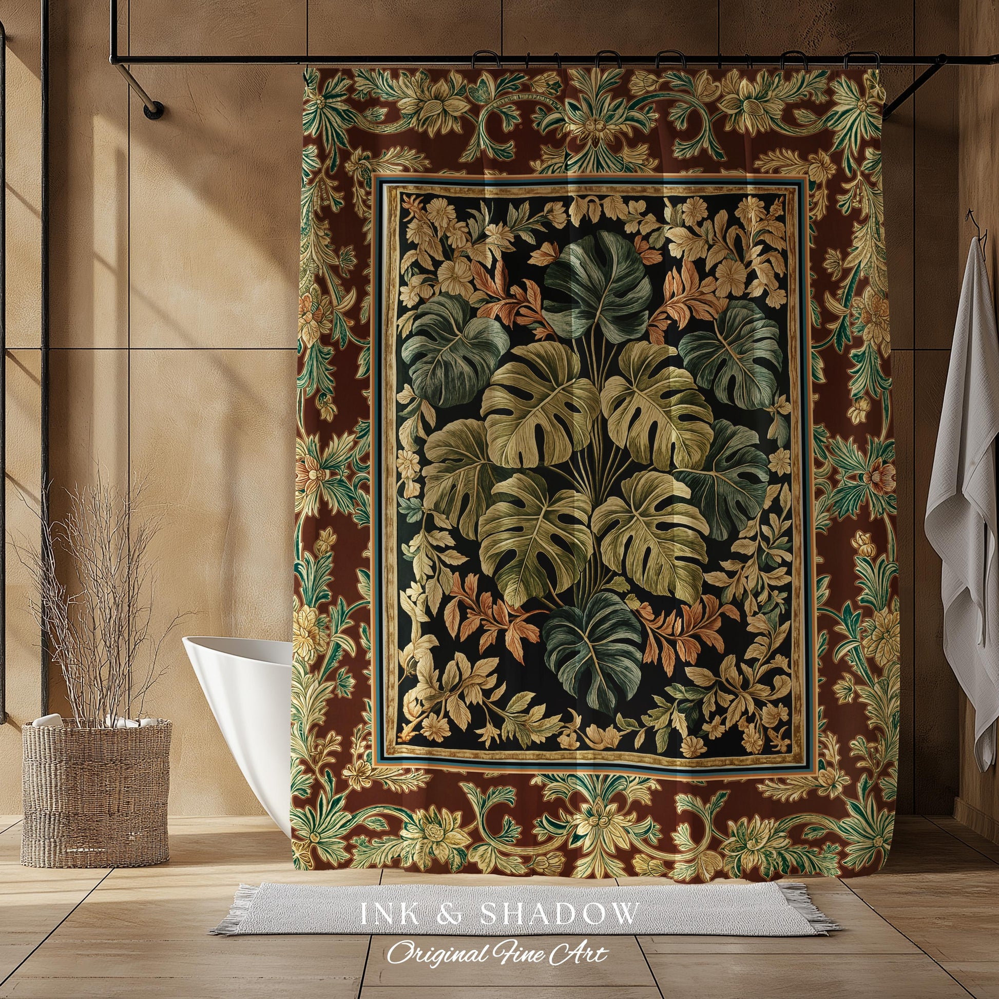 Elegant Tropical Forest Shower Curtain | Woodland Whimsy Botanical Bathroom Emerald Green Romantic Home Decor Tropical Eclectic Aesthetic |