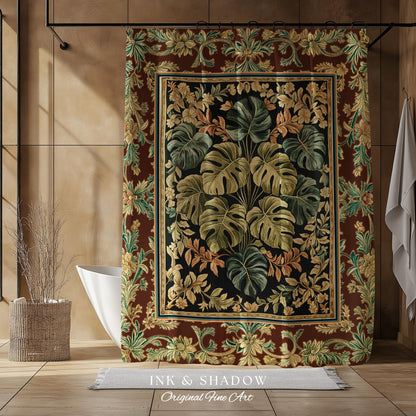 Elegant Tropical Forest Shower Curtain | Woodland Whimsy Botanical Bathroom Emerald Green Romantic Home Decor Tropical Eclectic Aesthetic |