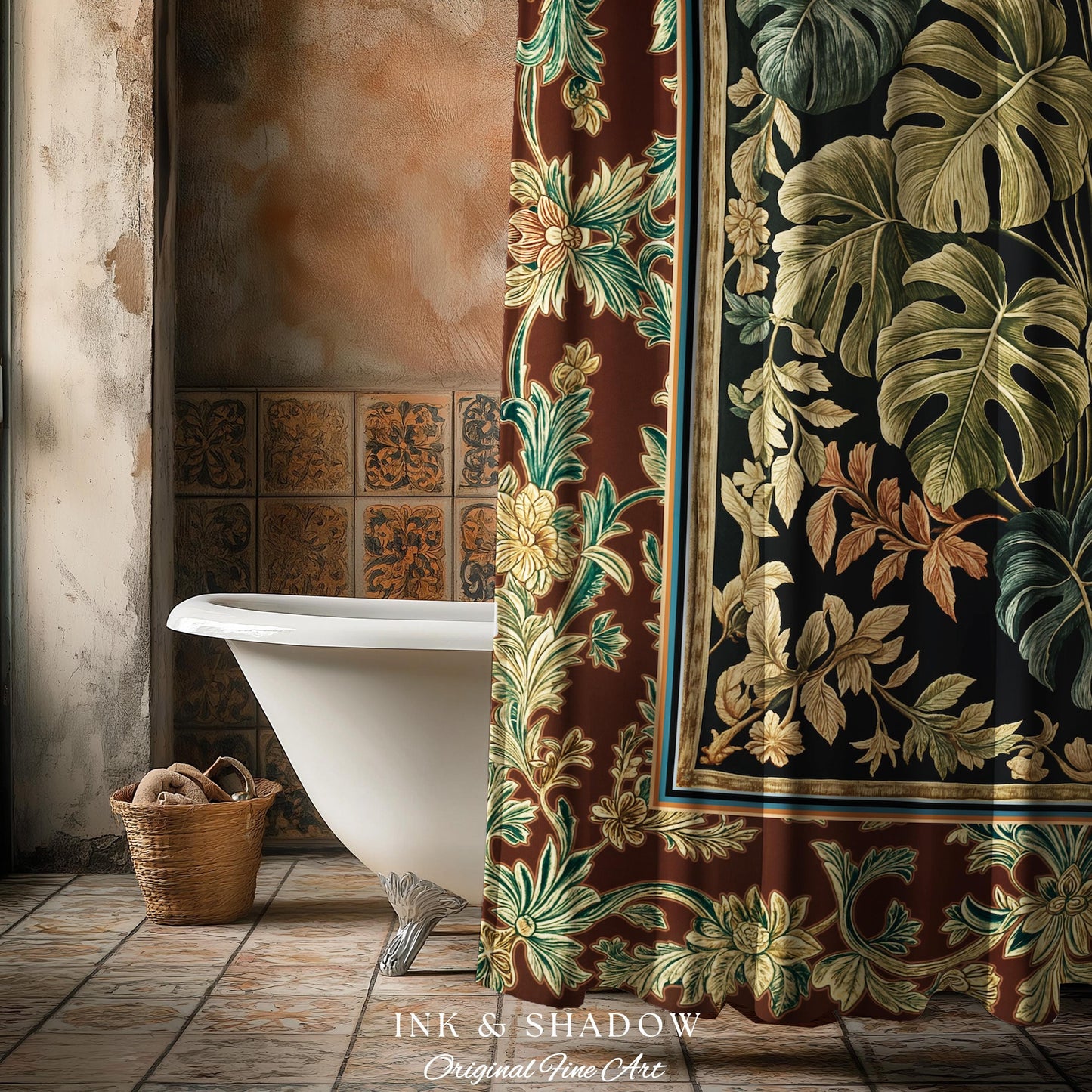 Elegant Tropical Forest Shower Curtain | Woodland Whimsy Botanical Bathroom Emerald Green Romantic Home Decor Tropical Eclectic Aesthetic |