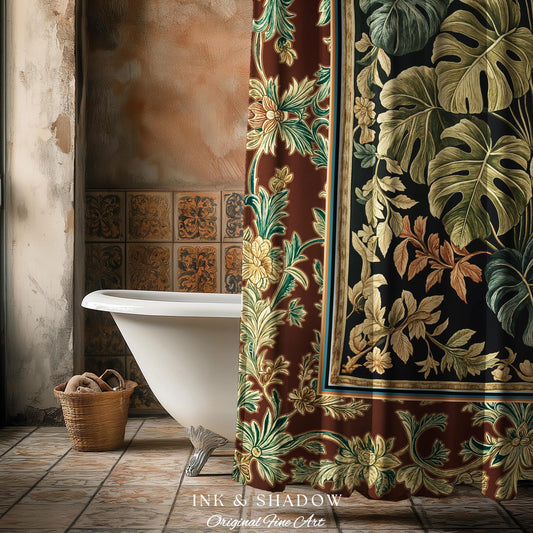 Elegant Tropical Forest Shower Curtain | Woodland Whimsy Botanical Bathroom Emerald Green Romantic Home Decor Tropical Eclectic Aesthetic |