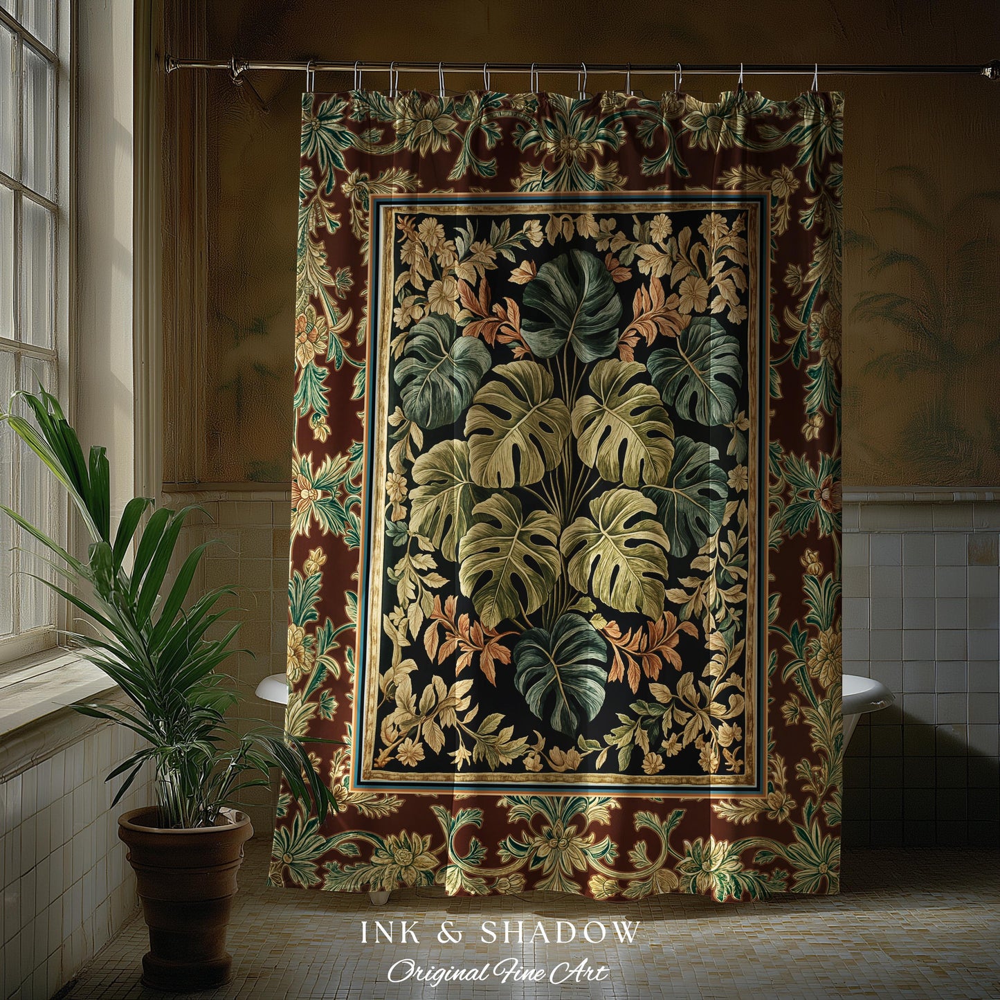 Elegant Tropical Forest Shower Curtain | Woodland Whimsy Botanical Bathroom Emerald Green Romantic Home Decor Tropical Eclectic Aesthetic |
