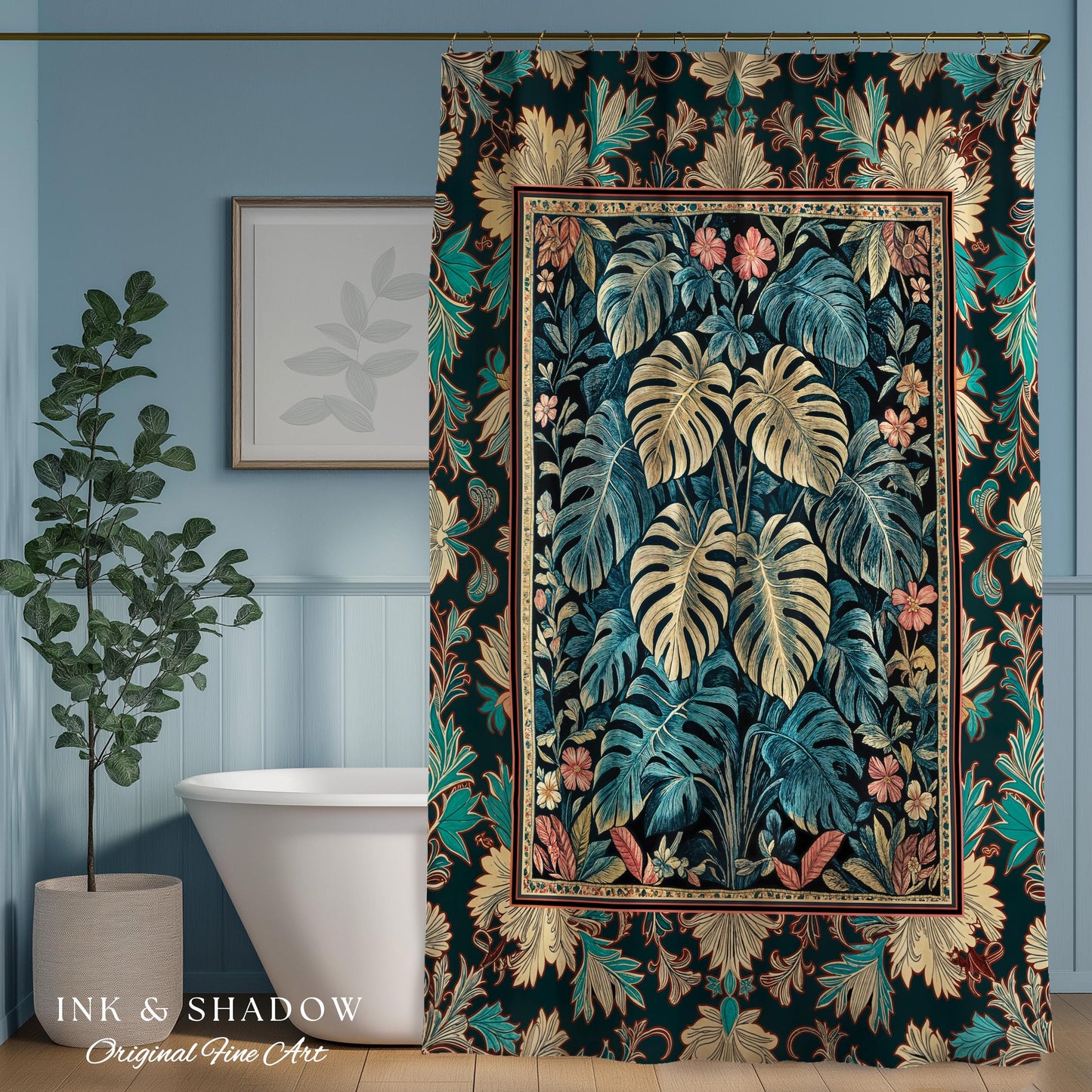 Romantic Tropigoth Shower Curtain | Woodland Victorian Floral Houseplant Whimsical Gothic Aesthetic Monstera Plant Lover Bathroom Decor Boho