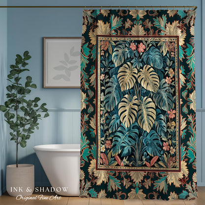 Romantic Tropigoth Shower Curtain | Woodland Victorian Floral Houseplant Whimsical Gothic Aesthetic Monstera Plant Lover Bathroom Decor Boho