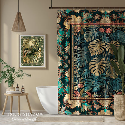 Romantic Tropigoth Shower Curtain | Woodland Victorian Floral Houseplant Whimsical Gothic Aesthetic Monstera Plant Lover Bathroom Decor Boho