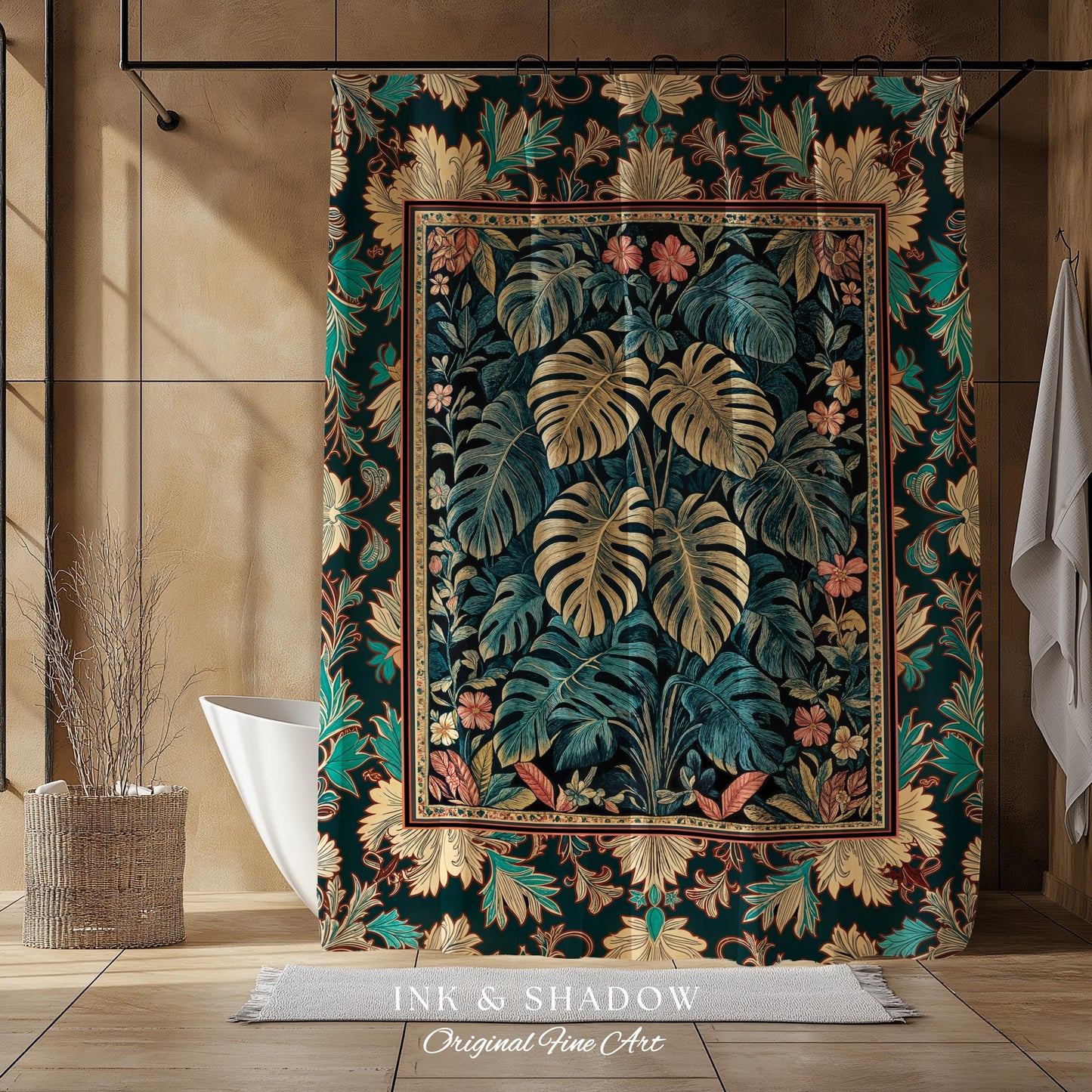 Romantic Tropigoth Shower Curtain | Woodland Victorian Floral Houseplant Whimsical Gothic Aesthetic Monstera Plant Lover Bathroom Decor Boho