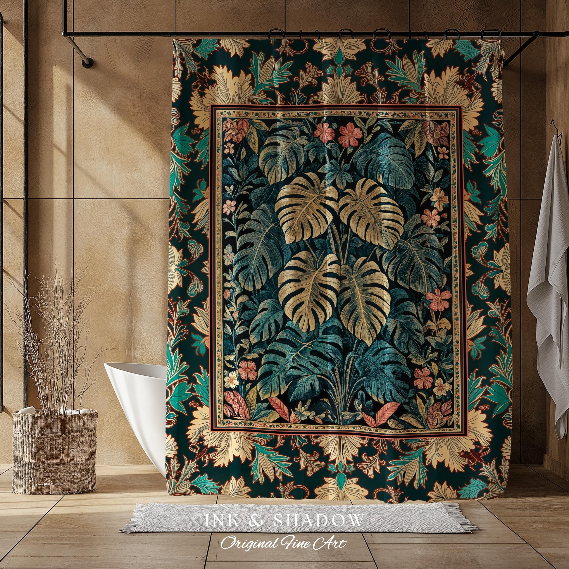 Romantic Tropigoth Shower Curtain | Woodland Victorian Floral Houseplant Whimsical Gothic Aesthetic Monstera Plant Lover Bathroom Decor Boho